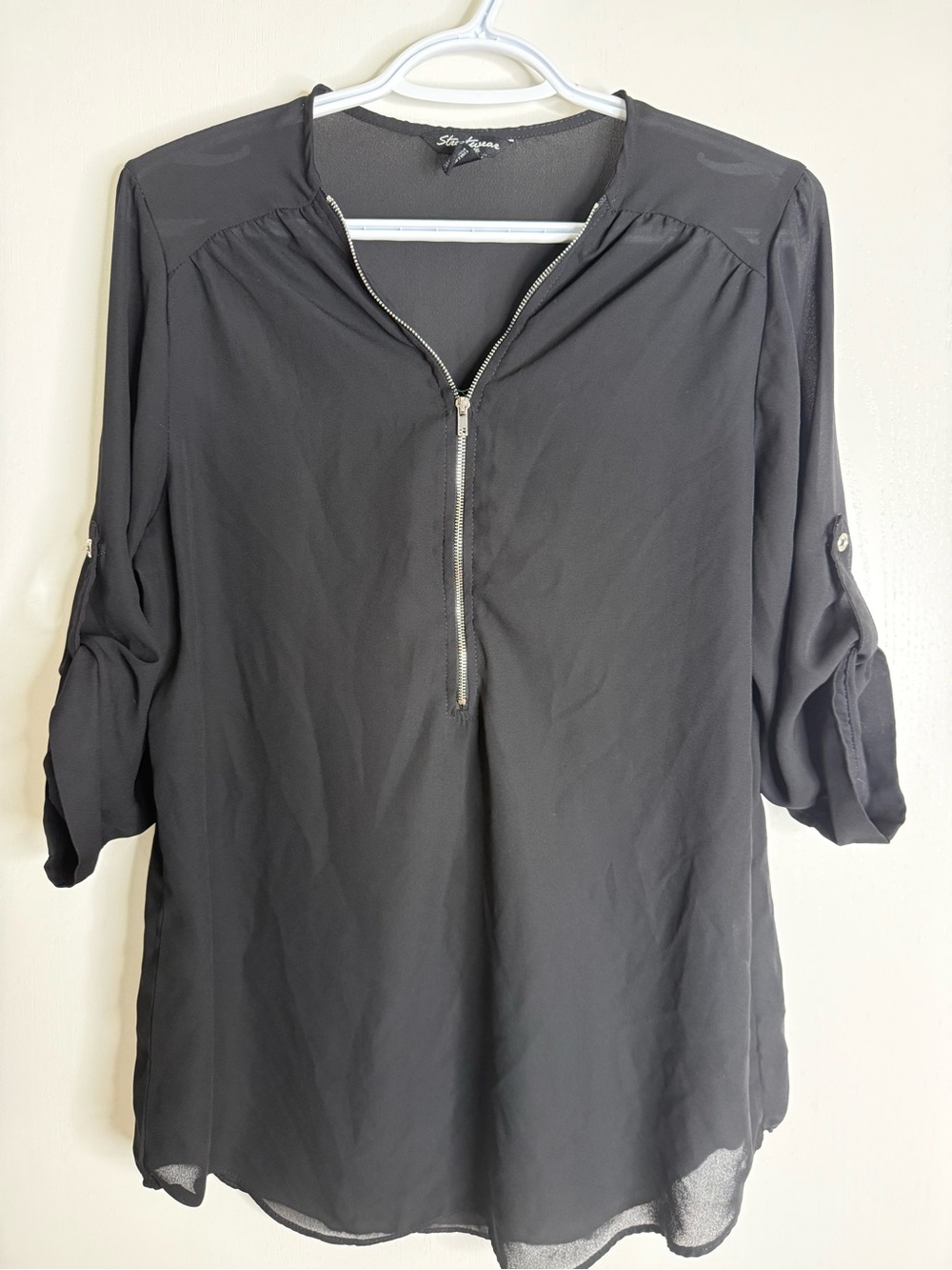 Streetwear Society Black Zip-Front Slightly Sheer Women's Blouse